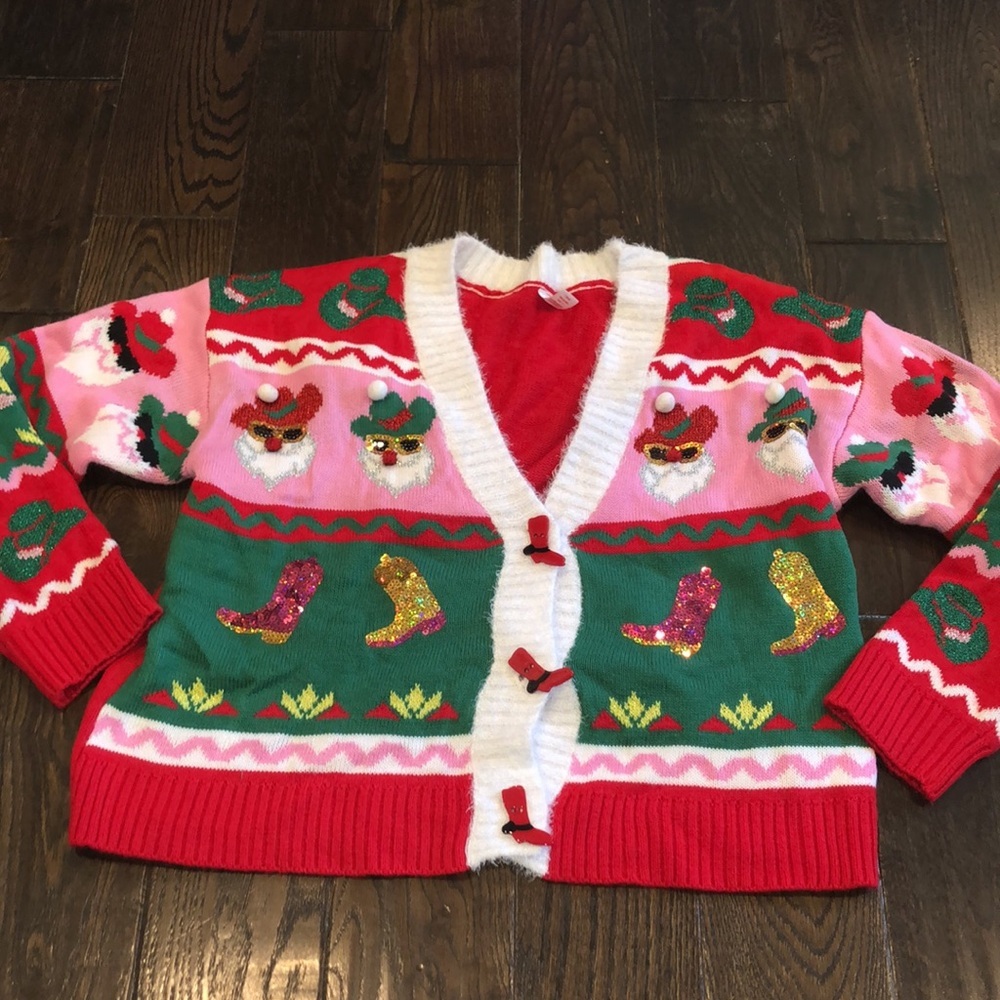 Holiday time red Christmas cardigan sweater cowboy boots country western cowgirl - Picture 3 of 12